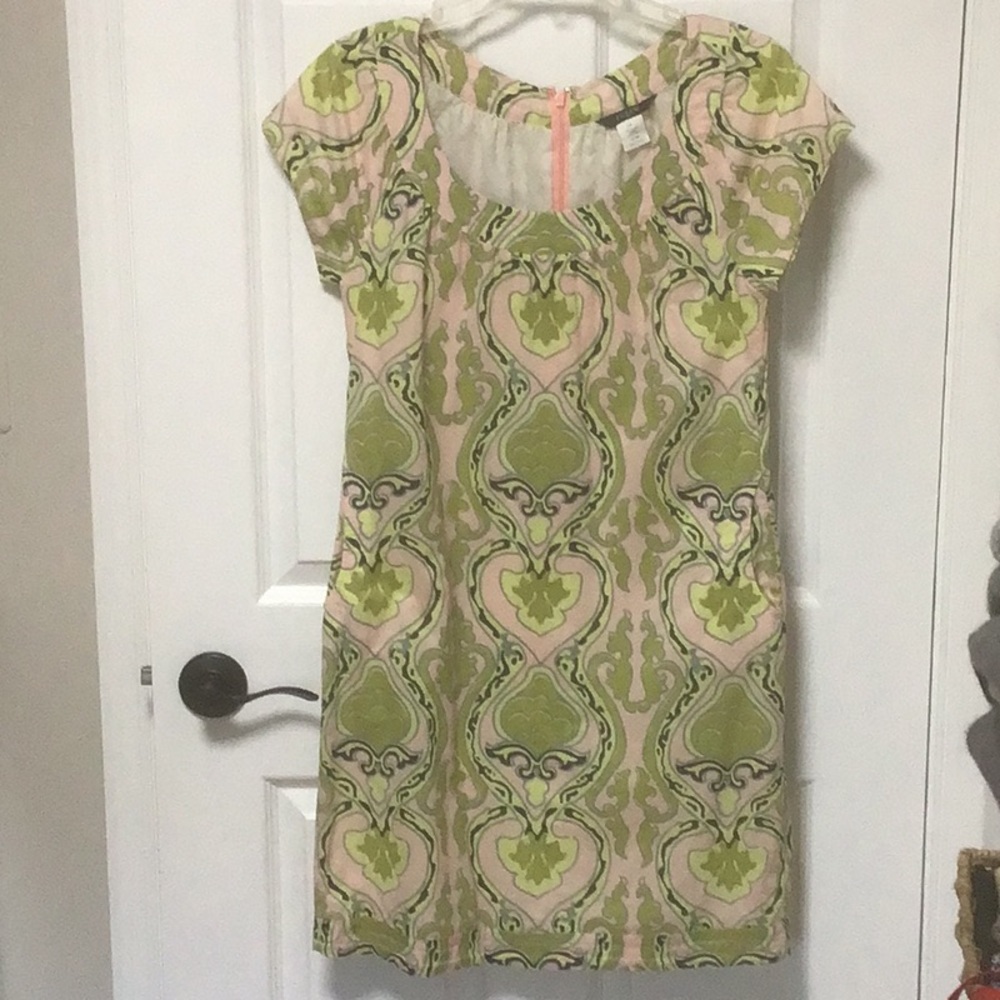 Cap-Sleeve Mini Dress in Pink and Green Damask Print